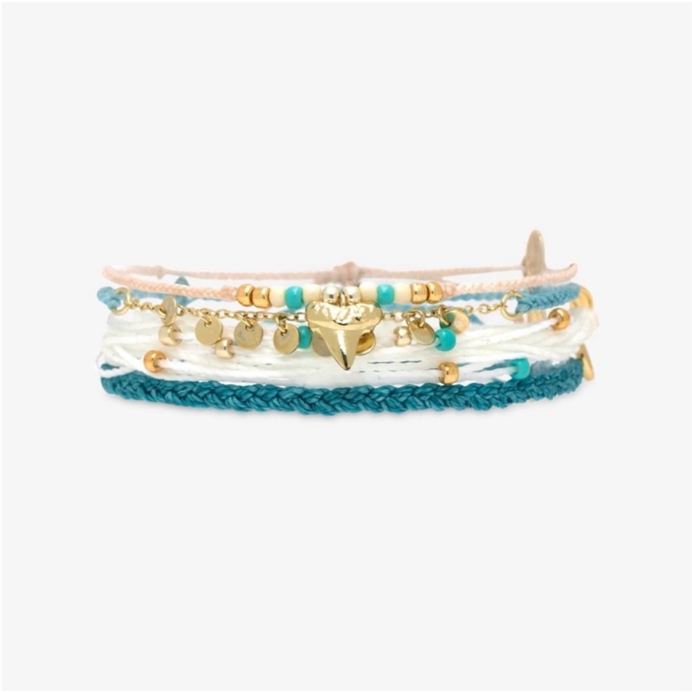 Pura Vida stackable bracelet, shark shore, Gold and Teal Beaded Set